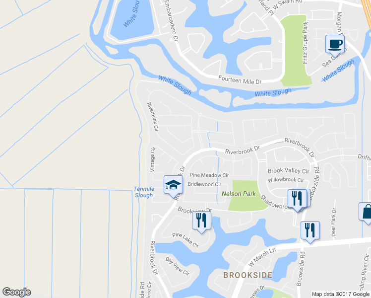 map of restaurants, bars, coffee shops, grocery stores, and more near 5854 Riverbank Circle in Stockton