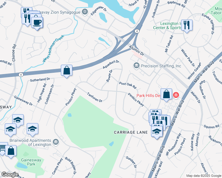 map of restaurants, bars, coffee shops, grocery stores, and more near 3251 Pimlico Parkway in Lexington