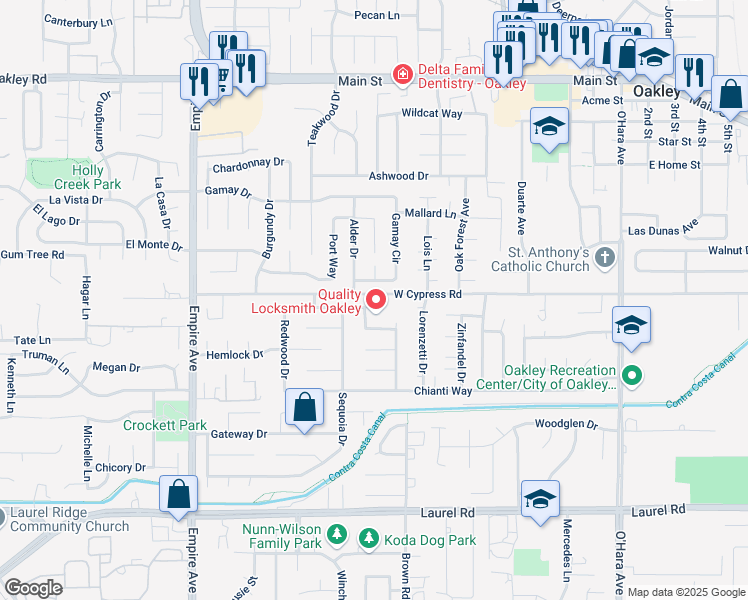 map of restaurants, bars, coffee shops, grocery stores, and more near 1640 Ponderosa Drive in Oakley