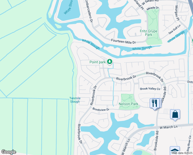 map of restaurants, bars, coffee shops, grocery stores, and more near 5854 Riverbank Circle in Stockton