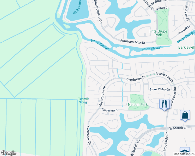 map of restaurants, bars, coffee shops, grocery stores, and more near 5909 Riverbank Circle in Stockton