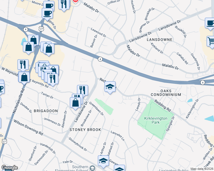 map of restaurants, bars, coffee shops, grocery stores, and more near 320 Redding Road in Lexington