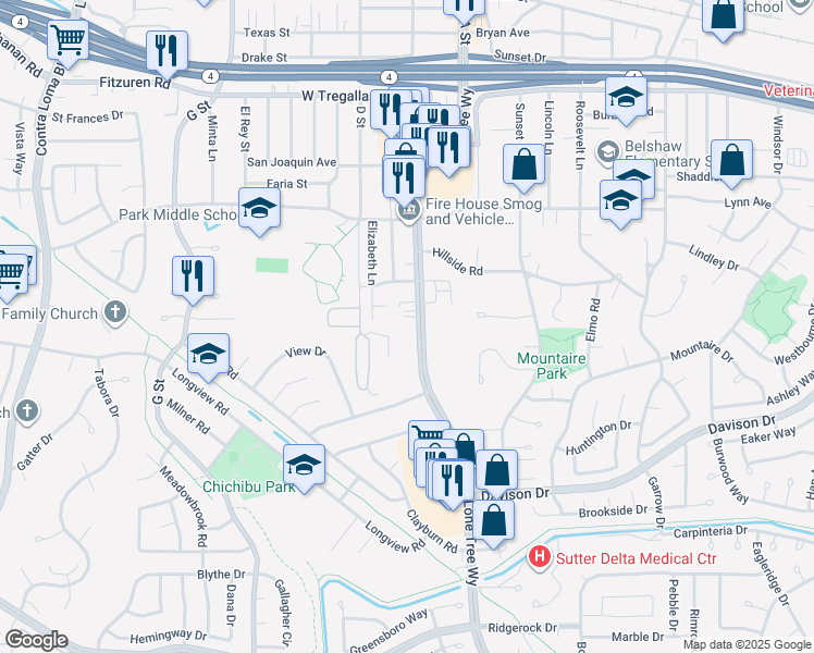 map of restaurants, bars, coffee shops, grocery stores, and more near 3126 Lone Tree Way in Antioch