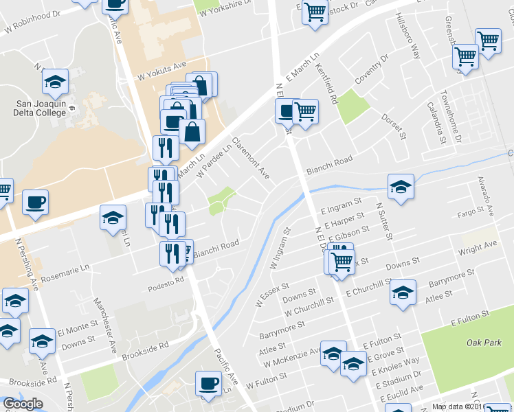 map of restaurants, bars, coffee shops, grocery stores, and more near 143 West Bianchi Road in Stockton