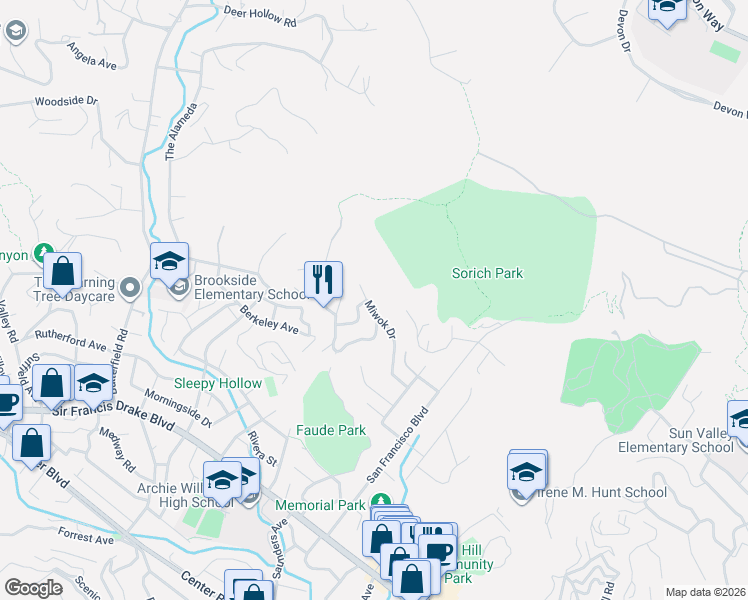 map of restaurants, bars, coffee shops, grocery stores, and more near 187 Sacramento Avenue in San Anselmo