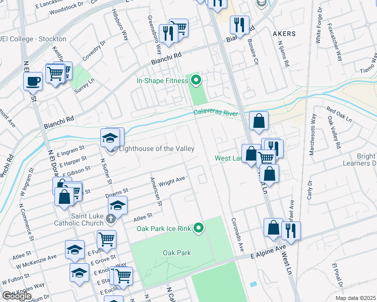 map of restaurants, bars, coffee shops, grocery stores, and more near 2 East Fargo Street in Stockton