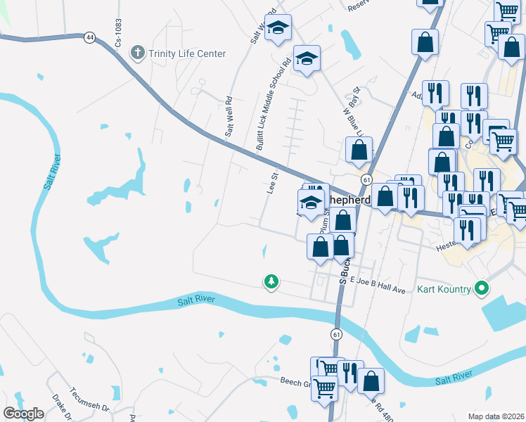 map of restaurants, bars, coffee shops, grocery stores, and more near 243 Lee St in Shepherdsville