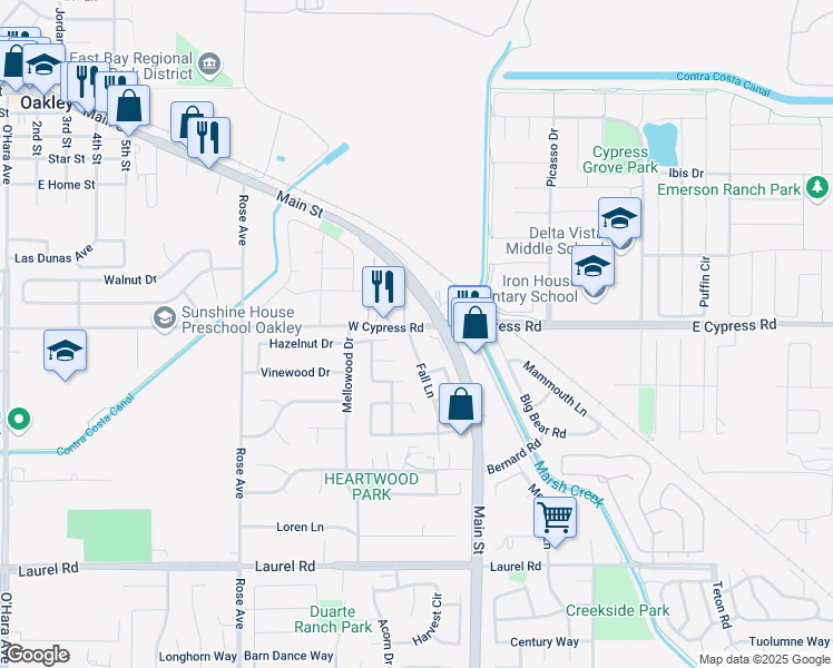 map of restaurants, bars, coffee shops, grocery stores, and more near 4498 Fall Lane in Oakley