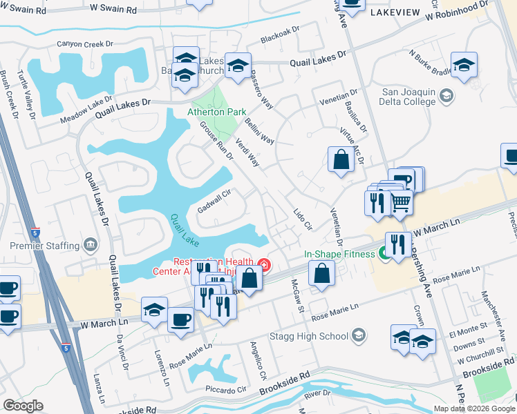 map of restaurants, bars, coffee shops, grocery stores, and more near 4976 Grouse Run Drive in Stockton