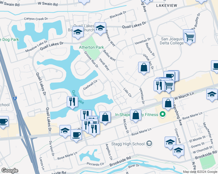 map of restaurants, bars, coffee shops, grocery stores, and more near 4976 Grouse Run Drive in Stockton