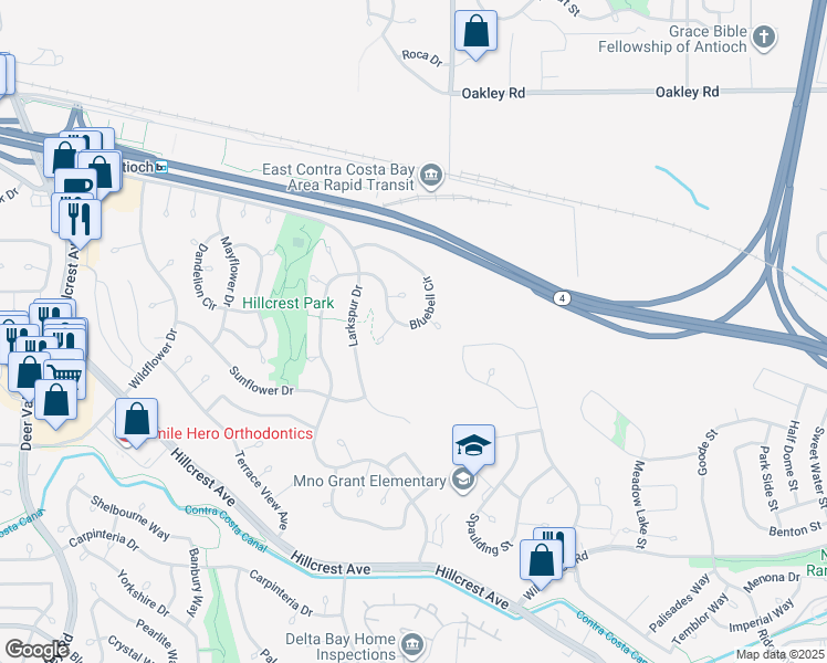 map of restaurants, bars, coffee shops, grocery stores, and more near 2831 Bluebell Circle in Antioch