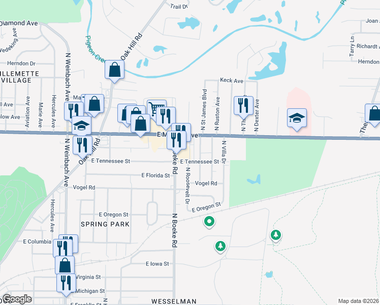 map of restaurants, bars, coffee shops, grocery stores, and more near 2500 East 2518 Tennessee Street in Evansville