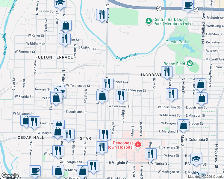 map of restaurants, bars, coffee shops, grocery stores, and more near 1327 N First Ave in Evansville