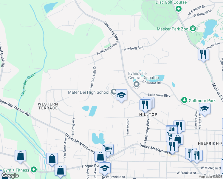 map of restaurants, bars, coffee shops, grocery stores, and more near 3400 Stocker Drive in Evansville