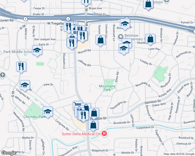 map of restaurants, bars, coffee shops, grocery stores, and more near 130 Hyde Place in Antioch