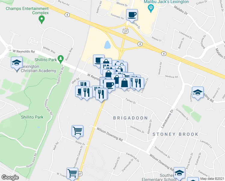 map of restaurants, bars, coffee shops, grocery stores, and more near 101 Brigadoon Parkway in Lexington