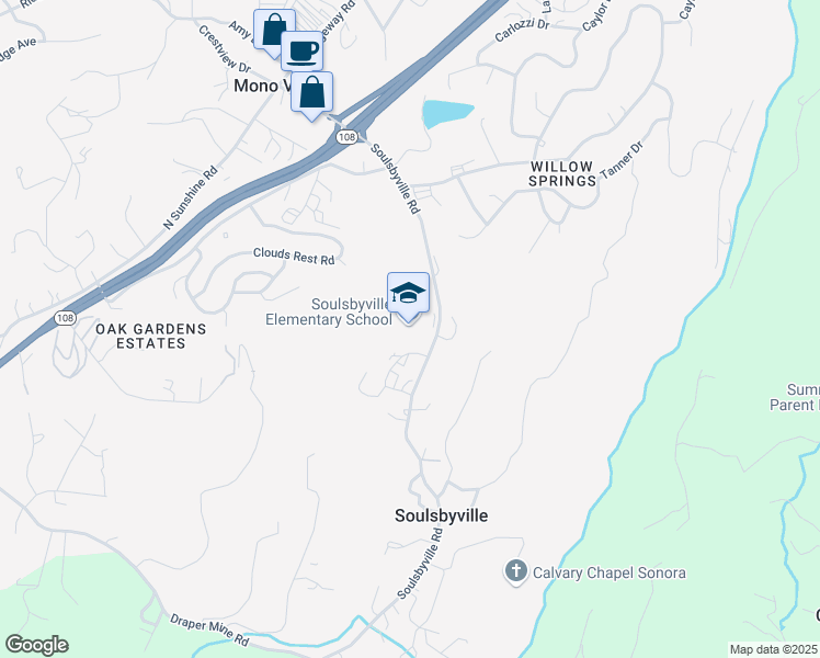 map of restaurants, bars, coffee shops, grocery stores, and more near 20300 Soulsbyville Road in Soulsbyville