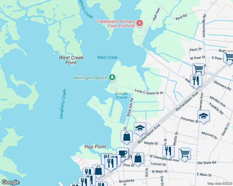 map of restaurants, bars, coffee shops, grocery stores, and more near 105 Waters Edge in Crisfield