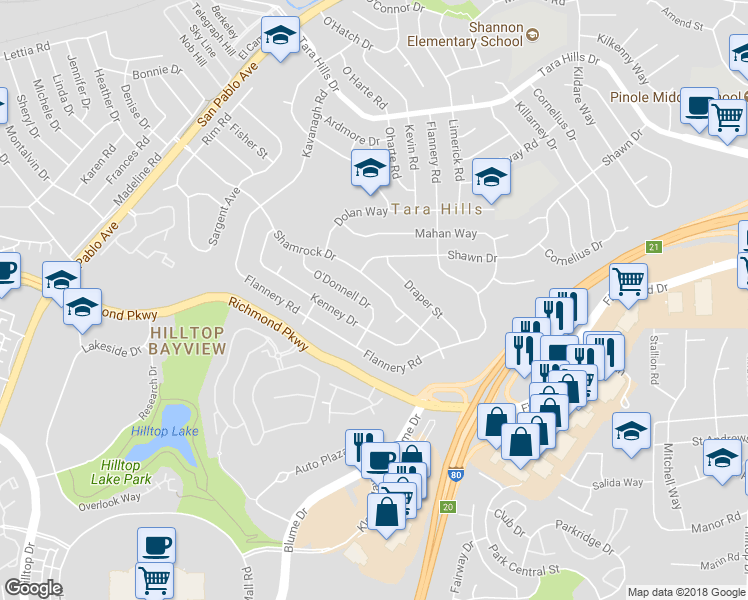 map of restaurants, bars, coffee shops, grocery stores, and more near 2668 Odonnell Drive in San Pablo
