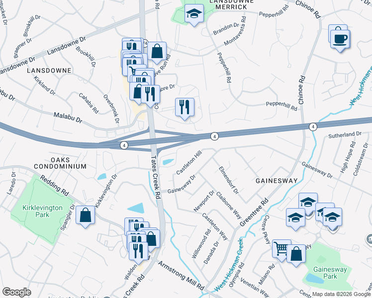 map of restaurants, bars, coffee shops, grocery stores, and more near 1080 Lakefront Drive in Lexington
