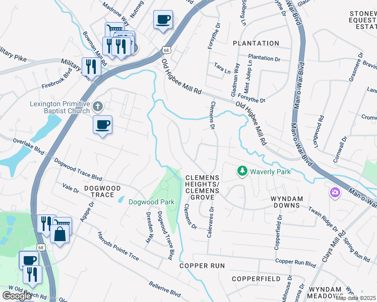 map of restaurants, bars, coffee shops, grocery stores, and more near 2045 Twain Ridge Drive in Lexington