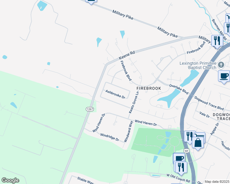 map of restaurants, bars, coffee shops, grocery stores, and more near 2853 Ashbrooke Drive in Lexington