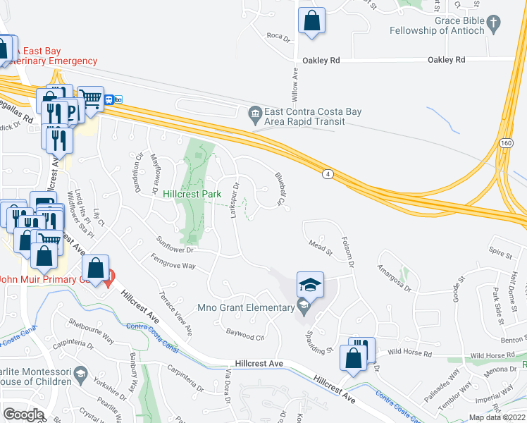 map of restaurants, bars, coffee shops, grocery stores, and more near 2901 Bluebonnet Court in Antioch