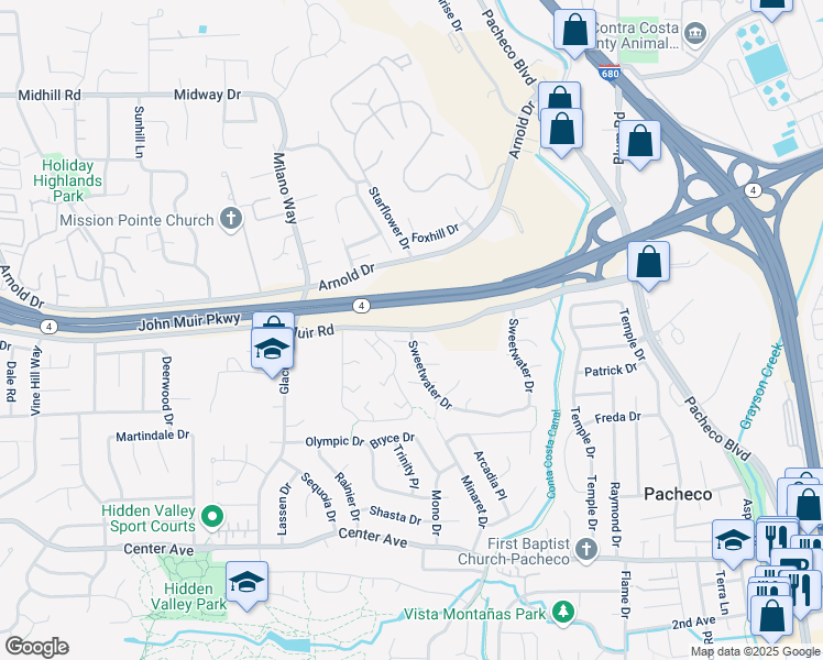 map of restaurants, bars, coffee shops, grocery stores, and more near 2222 Sweetwater Drive in Martinez