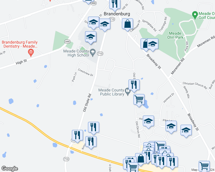 map of restaurants, bars, coffee shops, grocery stores, and more near 388 Maple Grove Road in Brandenburg