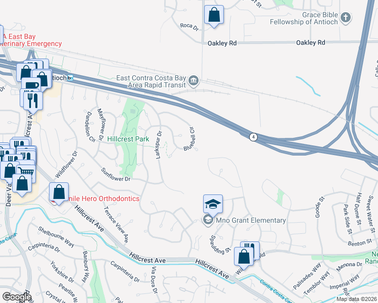 map of restaurants, bars, coffee shops, grocery stores, and more near 2835 Bluebell Circle in Antioch
