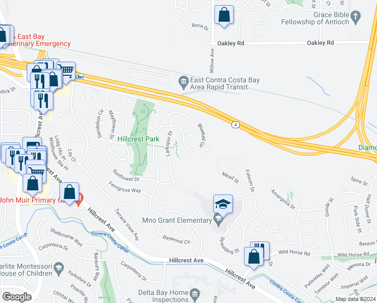 map of restaurants, bars, coffee shops, grocery stores, and more near 2901 Bluebonnet Court in Antioch