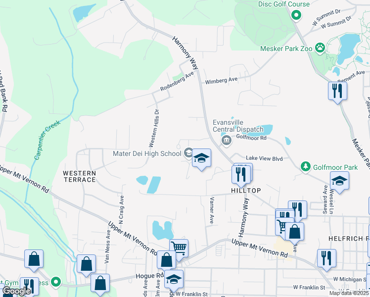map of restaurants, bars, coffee shops, grocery stores, and more near 3400 Stocker Drive in Evansville