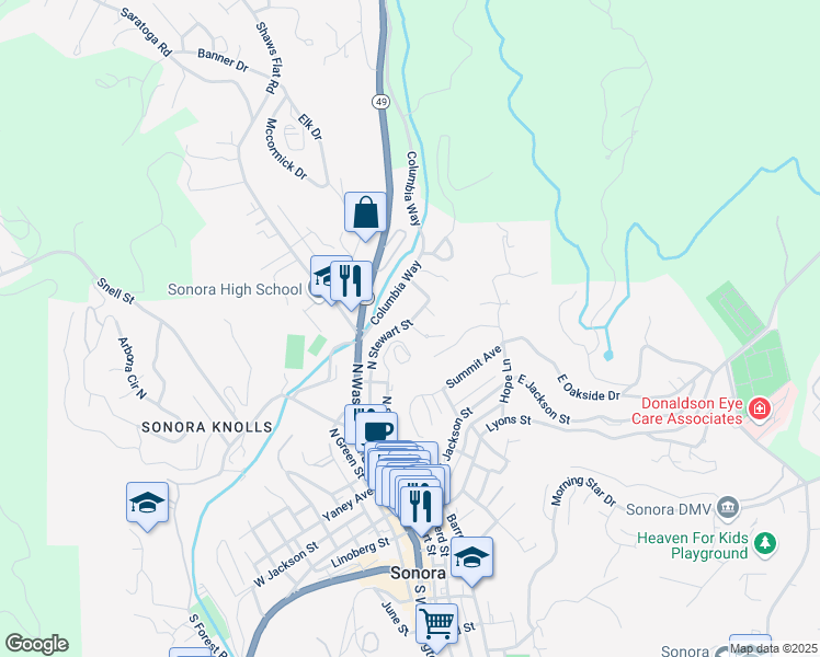 map of restaurants, bars, coffee shops, grocery stores, and more near 123 Wall Street in Sonora