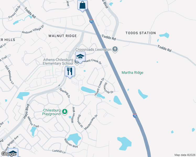 map of restaurants, bars, coffee shops, grocery stores, and more near 997 Sugarbush Trail in Lexington