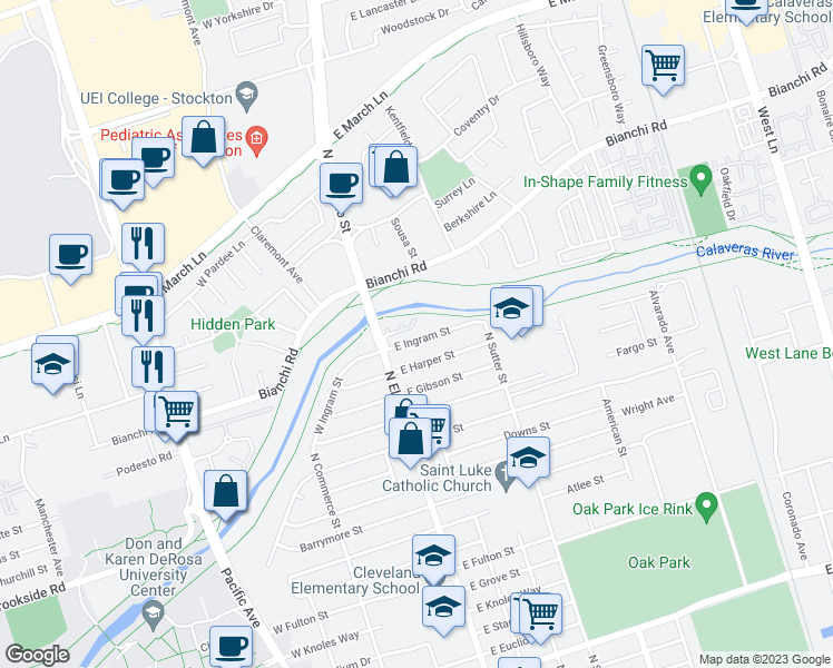 map of restaurants, bars, coffee shops, grocery stores, and more near 159 East Ingram Street in Stockton