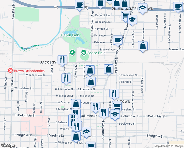 map of restaurants, bars, coffee shops, grocery stores, and more near 200 East Tennessee Street in Evansville