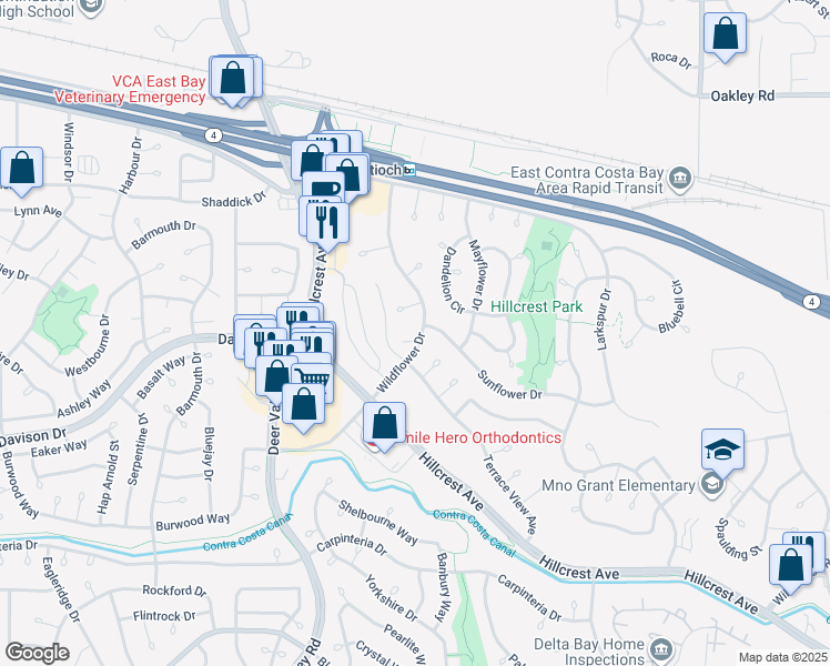 map of restaurants, bars, coffee shops, grocery stores, and more near 2908 Wildflower Drive in Antioch