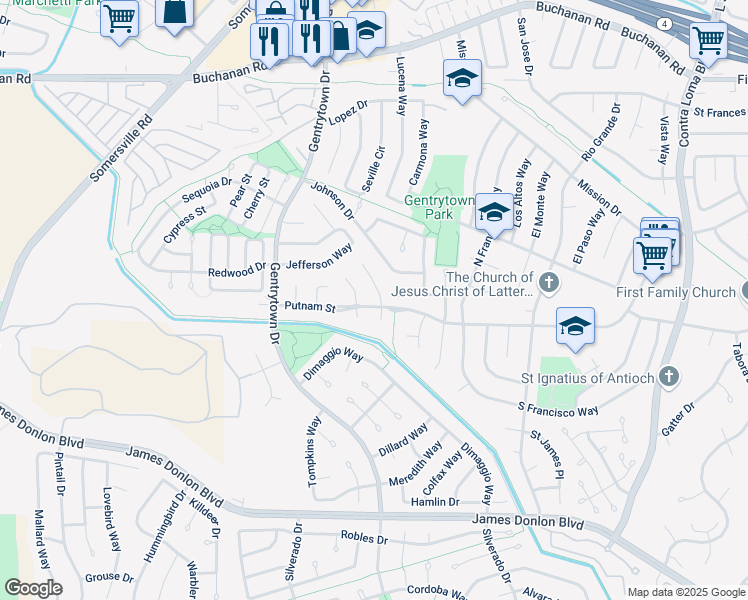 map of restaurants, bars, coffee shops, grocery stores, and more near 3042 Cleveland Place in Antioch