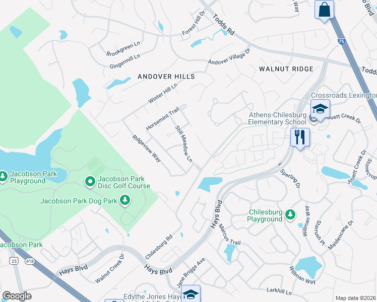 map of restaurants, bars, coffee shops, grocery stores, and more near 3849 Still Meadow Lane in Lexington