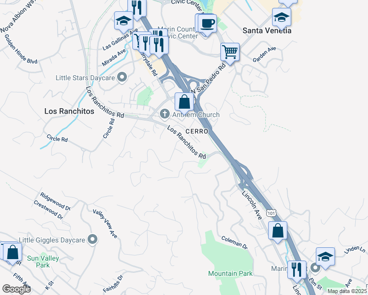 map of restaurants, bars, coffee shops, grocery stores, and more near 9 Glenside Way in San Rafael