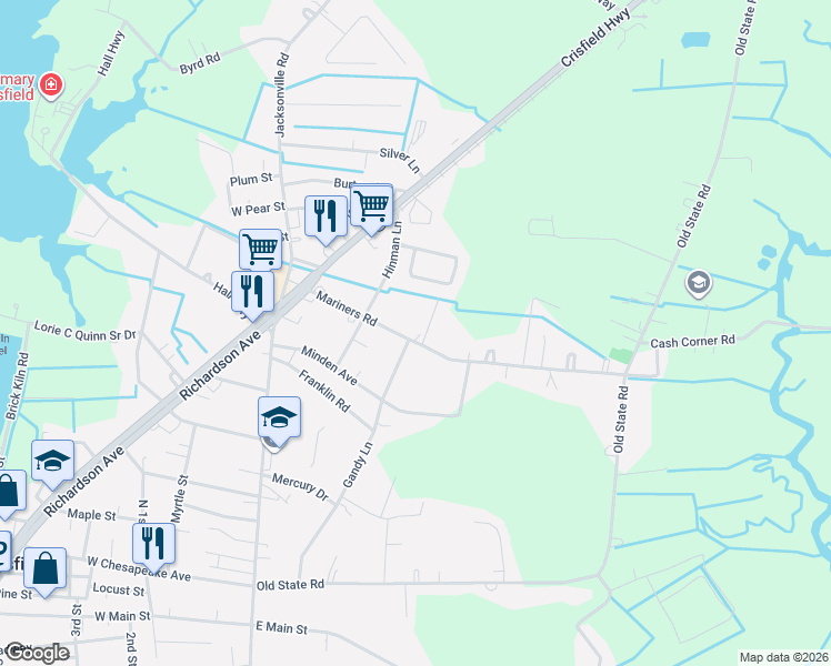 map of restaurants, bars, coffee shops, grocery stores, and more near 3900 Cardinal Drive in Crisfield