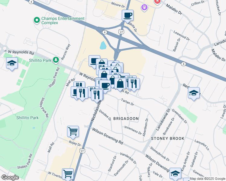 map of restaurants, bars, coffee shops, grocery stores, and more near 101 Brigadoon Parkway in Lexington