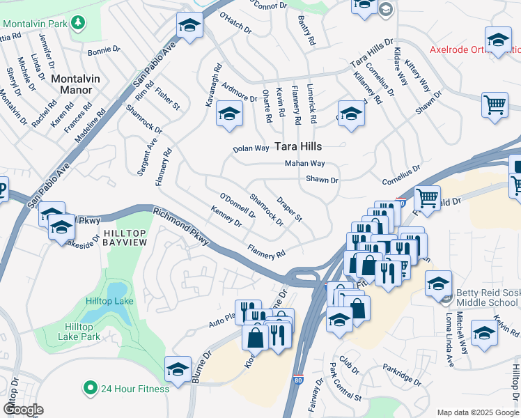 map of restaurants, bars, coffee shops, grocery stores, and more near 2655 Shamrock Drive in San Pablo