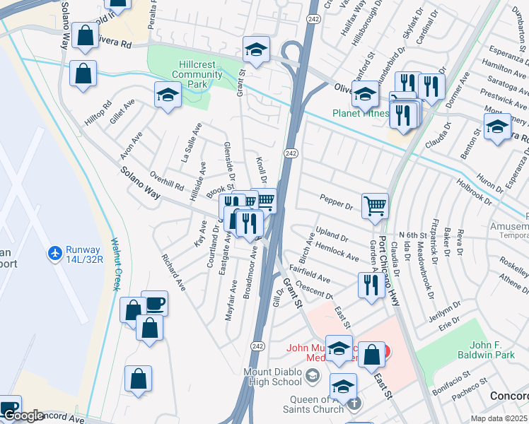 map of restaurants, bars, coffee shops, grocery stores, and more near 2502 Overhill Road in Concord