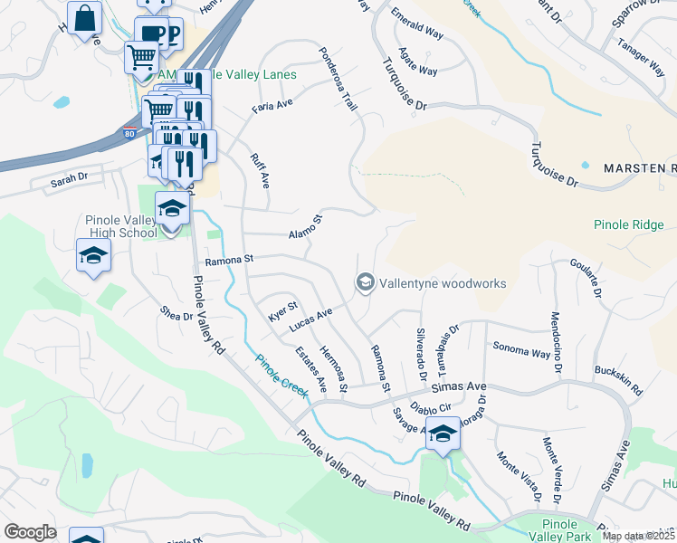 map of restaurants, bars, coffee shops, grocery stores, and more near 2845 Ramona Street in Pinole