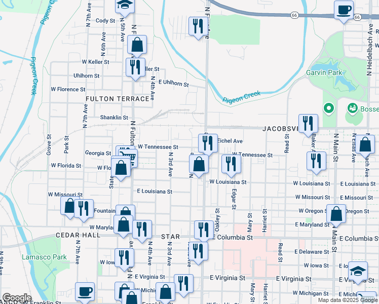 map of restaurants, bars, coffee shops, grocery stores, and more near 1314 North 2nd Avenue in Evansville