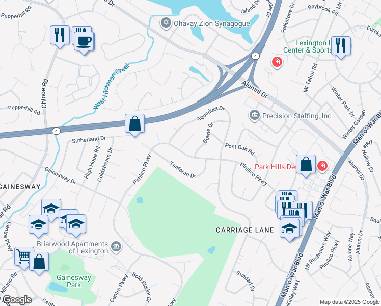 map of restaurants, bars, coffee shops, grocery stores, and more near 3291 Bowie Dr in Lexington