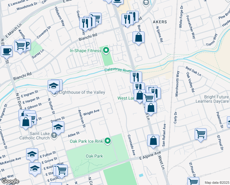 map of restaurants, bars, coffee shops, grocery stores, and more near 4201 Coronado Avenue in Stockton