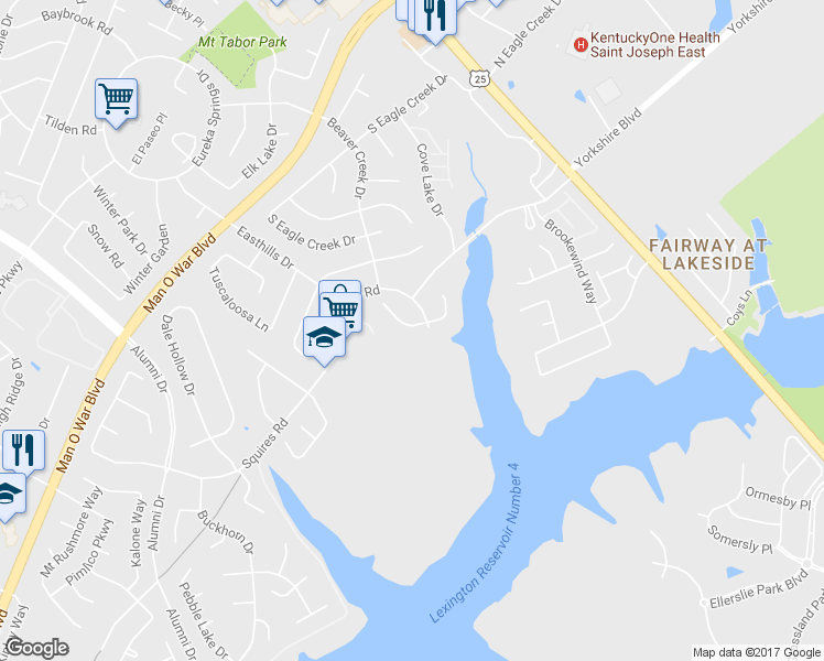 map of restaurants, bars, coffee shops, grocery stores, and more near 404 Lakebow Court in Lexington