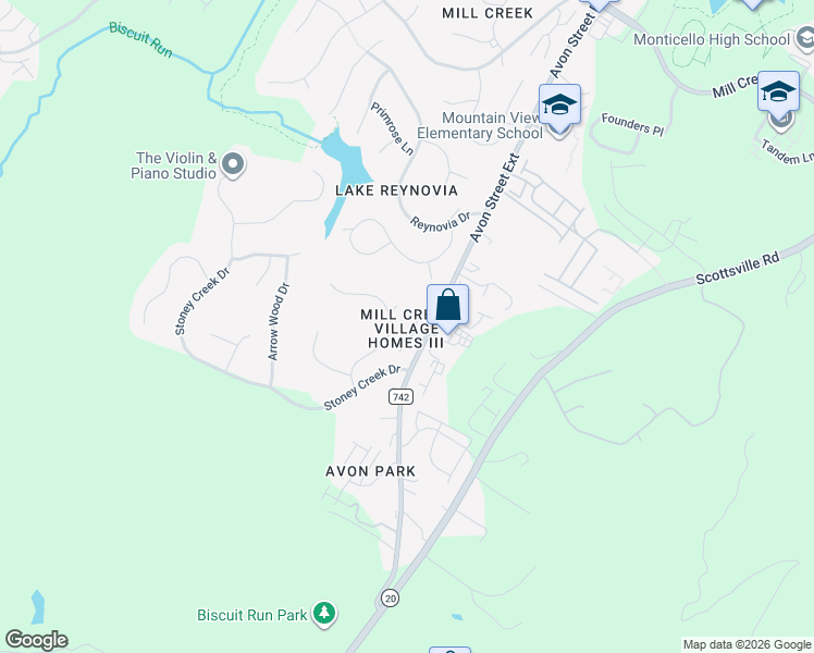 map of restaurants, bars, coffee shops, grocery stores, and more near 1676 Royal Oak Court in Charlottesville